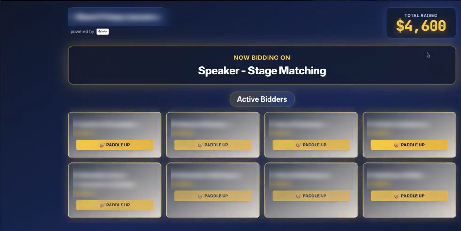 The live bidding screen mid-Party: $4,600 raised and eight bidders with paddles up on a speaker stage-matching offer